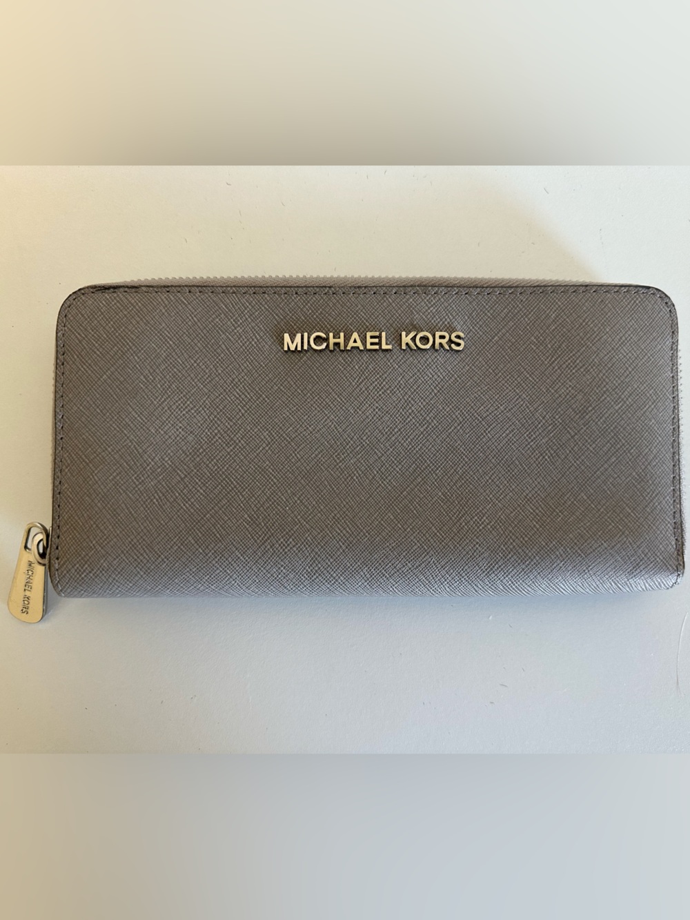 Michael Kors Gray Saffiano Zip-Around Wallet with Gold Logo